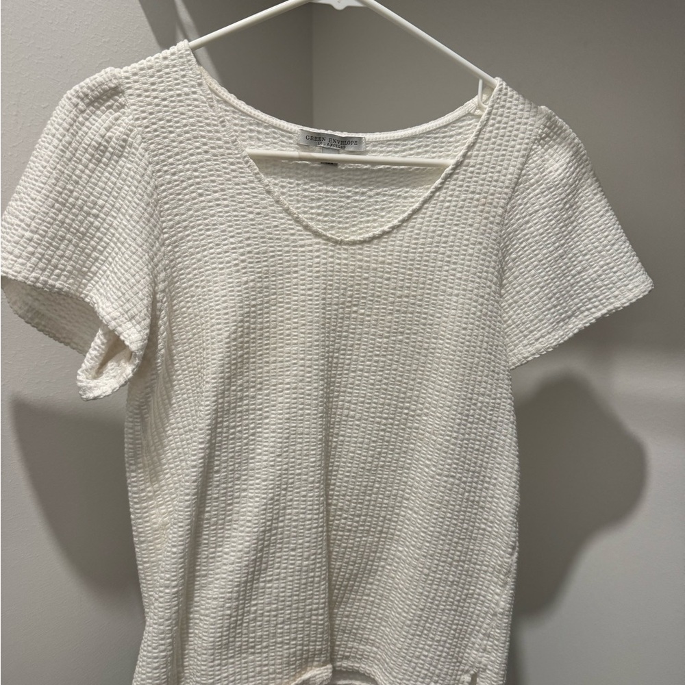 SOLD Green Envelope Textured Cream Short Sleeve Top